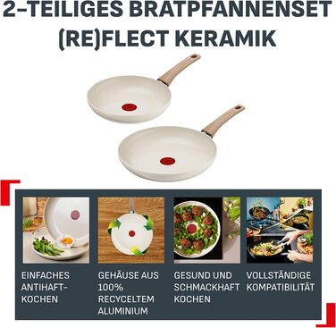Набір сковорідок Tefal Reflect On 2 шт., антипригарне керамічне покриття, алюміній (перероблений), індикатор нагріву, для всіх плит, кремовий колір