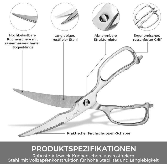Японська кухонна ножиця Sunnecko 8 дюймів - універсальна, з ергономічною ручкою та горіхоколом, з нержавіючої сталі