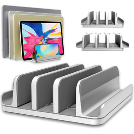 TEFONIA 5-Slot Vertical Laptop Stand - Aluminum Desk Organizer for MacBook, iPad, Tablets & Laptops - Silver