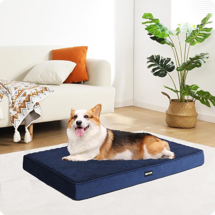 HMTOPE Orthopedic Dog Bed, 10cm Thick Dog Cushion for Medium and Large Dogs, Removable and Washable Dog Mat, Non-Slip Bottom, Waterproof Inner Lining, 112 cm, (L 91 x W 56 x H 9 cm, Navy Blue)
