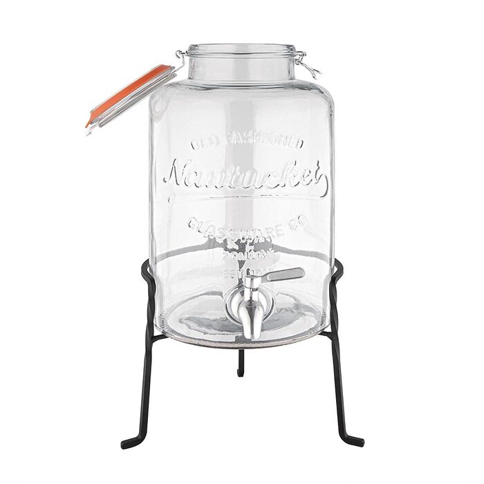 Olympia Nantucket Style Drink Dispenser with Wire Stand - Lockable Lids, Retro Stainless Steel Tap Glass Dispenser - 155(H)x200(W)x150(D)mm