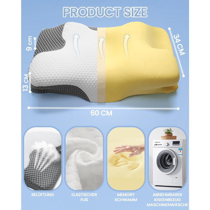 Ортопедична подушка для шиї з Memory Foam, Ergonomische, 2 висоти, для сну на боці, спині та животі, сірого кольору