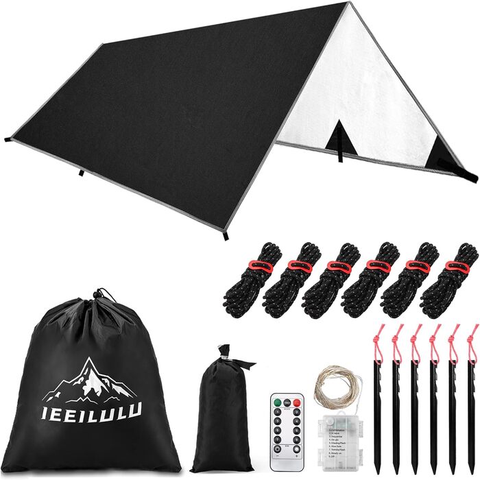 IEEILULU Waterproof Tarp - Camping Tent Footprint - 3x3m/3x4m/3x5m - Ultralight with Stakes, Ropes, and LED Light - for Camping, Outdoor, Hiking, and Hammock Use