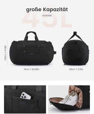 Спортивна сумка LOVEVOOK: велика, водонепроникна, з відділенням для взуття, 45L, 51x28x32 см