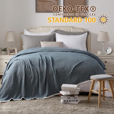 Плед SE SOFTEXLY з бавовни 100%, 4-шаровий м'який плед муслін, покривало на ліжко, накидка на диван, плед для дому, 130x150 см, білий (Pfauenblau, 200 x 230 см)