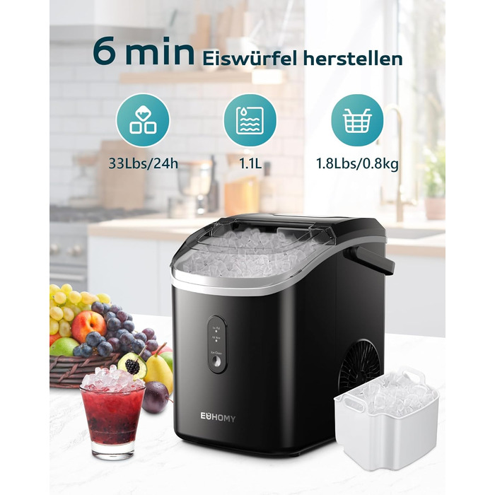 EUHOMY Stainless Steel Ice Maker - 24 Cubes in 13 Minutes, 24kg/24H Capacity - Self-Cleaning, 3.2L Ice Maker with Scoop & Basket for Home, Kitchen, Office, Bar, RV