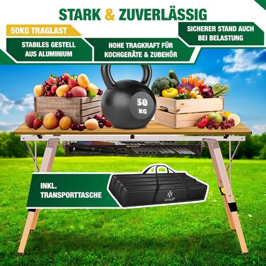 Складний кемпінговий стіл KESSER® 120x70 см з алюмінієвим каркасом та дерев'яною текстурою, до 100 кг, з сумкою для транспортування