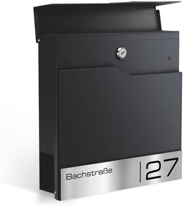 Поштовий ящик настінний Metzler Thobe з нержавіючої сталі та відділенням для преси, з іменним шильдиком, чорний