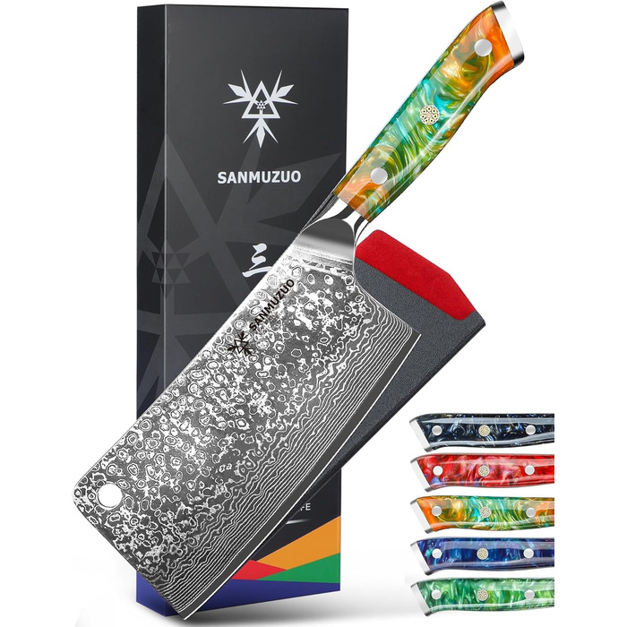 Ніж м'ясник Sanmuzuo Hackmesser 17 см, професійний, Дамаск, Xuan Serie, VG10 сталь, ручка з епоксидної смоли (сапфірово-блакитна)