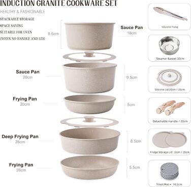 Набір посуду RIOVARM з індукційним дном, 15 предметів: каструлі та сковороди з антипригарним гранітним покриттям та знімними ручками, кришки з силікону. Без PFOA.