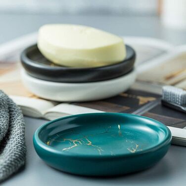 Керамічна мильниця FülleMore з імітацією мармуру, 11.2x2.2 см, кругла, для ванної, душу, кухні (біла)