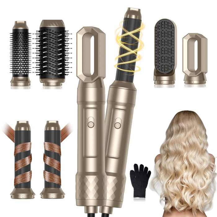 Фен-щітка 6 в 1 Airbrush Pro - професійний набір для укладки волосся | 1000W, круглі щітки, керлер, щітка для термоукладки, фен-щітка, фен, випрямляч | Для всіх типів волосся - блакитний (елегантне золото)