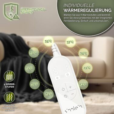 Sinnlein® електрична гріюча ковдра з плюшу 200 x 180 см з автовимкненням, таймером, 9 температурними режимами, цифровим дисплеєм, антрацит