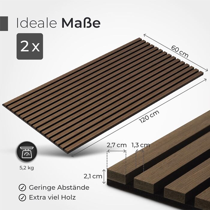 Акустичні настінні панелі з натурального горіха (набір 2 шт), 120x60x2.1 см, чорний звукопоглинаючий фільц — 3D панелі для шумоізоляції та оздоблення стін