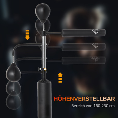 HOMCOM Стенд для бокса Standbox-Trainer з 2 м'ячами для швидкості, регульована висота 160-230 см, стержень для реакції та основа з присосками, чорний для фітнесу та тренувань