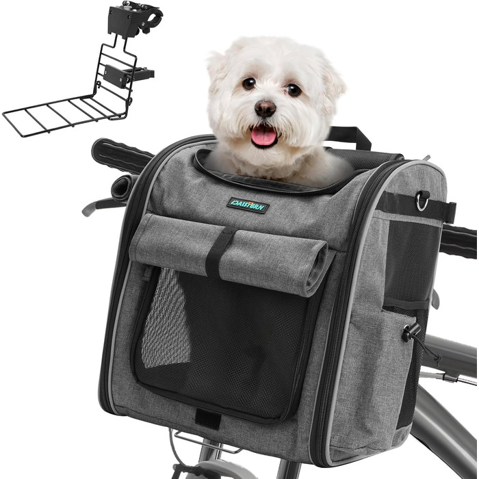 Корзина для собак на велосипед до 10 кг, складана, дихаюча, 4-в-1 (рюкзак, сумка на плече, автокрісло), з міцним L-подібним кріпленням Φ55mm, зручна подушка, світловідбиваючі смуги