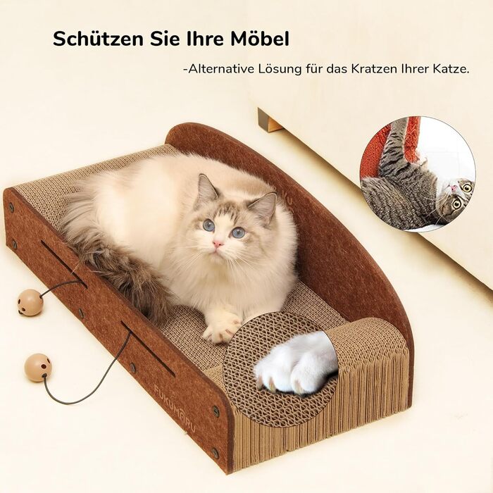 Cat Scratch Board, 66cm durable scratching cardboard and felt, large lounging area, 2 reversible cat scratching pads for cats, recyclable corrugated cardboard cat bed with jingle ball toy, caramel color