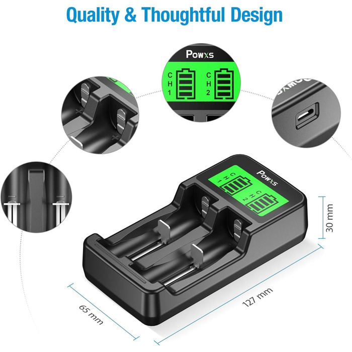 Зарядний пристрій POWXS для акумуляторів 18650 з LCD-дисплеєм та тестуванням, сумісний з Li-Ion, IMR, NI-MH, NI-Cd AA AAA C 26650 21700 10440 RCR123 (2 слоти)