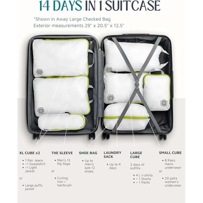 Набір органайзерів для подорожей Trippped: 7 великих компресійних кубиків для одягу (помаранчевий/білий/зелений)