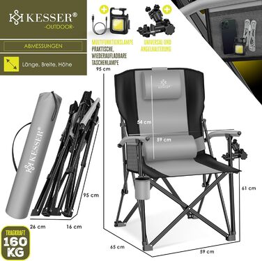 Кресlo для кемпінгу KESSER® з високою спинкою, 160 кг | Стільчик для риболовлі, з підлокітниками, кишенькою для напоїв та світлом | Сірий/Чорний