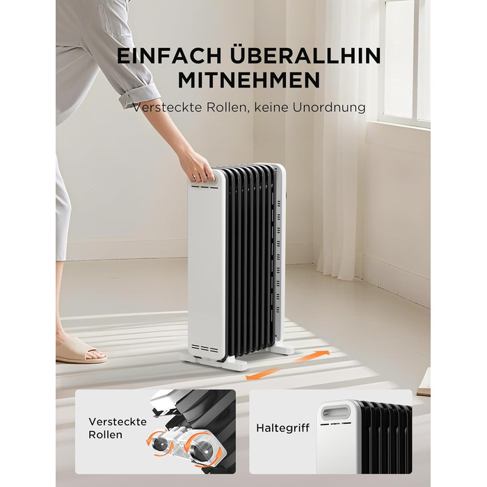 Електричний масляний радіатор Midea 2000W з 9 ребрами, термостатом та захистом від перегріву, 3 режими нагріву, тихий, для дому та офісу