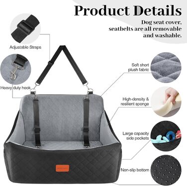 Wooaidagg Dog Car Seat for Medium & Large Dogs - Washable Memory Foam Pet Car Bed with 2 Leashes (Black/Grey)
