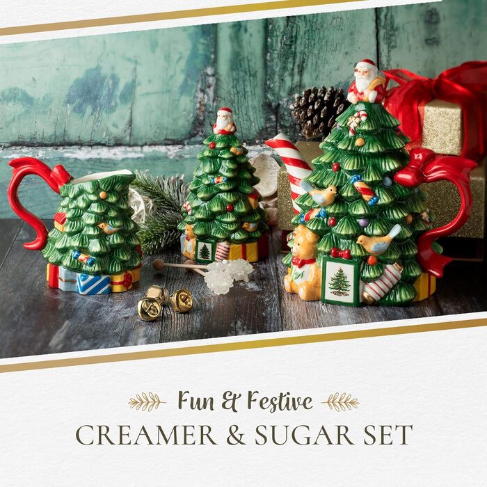 Spode Sugar and Creamer Set with Christmas Tree, Figurine Tree, 209 ml creamer and 150 ml sugar bowl with lid, festive tea and coffee set, dishwasher safe, ceramic tableware.