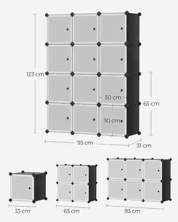 SONGMICS Regal System, Shoe Rack, Set of 16 Cubes, Plastic Wardrobe, with Doors, Plug-in Shelf, Storage for Clothes, Shoes and Books, Easy Assembly, LPC443G01 (12 Cubes (93B x 123H cm), Black)
