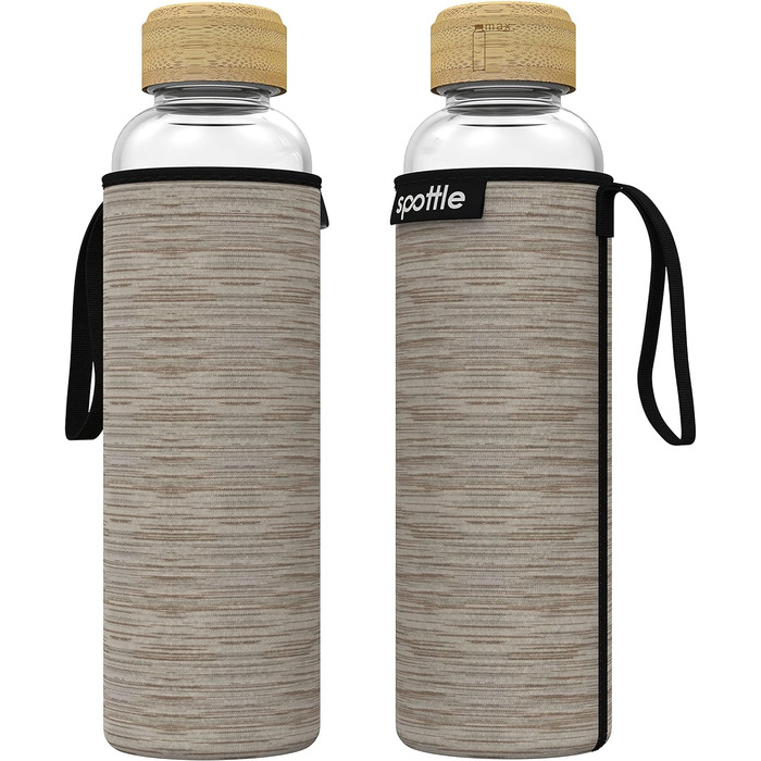 spottle Glass Water Bottle 1L - Glass Bottle 500ml - 750ml - 1 liter with Neoprene Sleeve/Protective Cover - Glass Drinking Bottle with Screw Cap - Glass Water Bottle for Carbonated Drinks 750ml Beige Melange / Bamboo