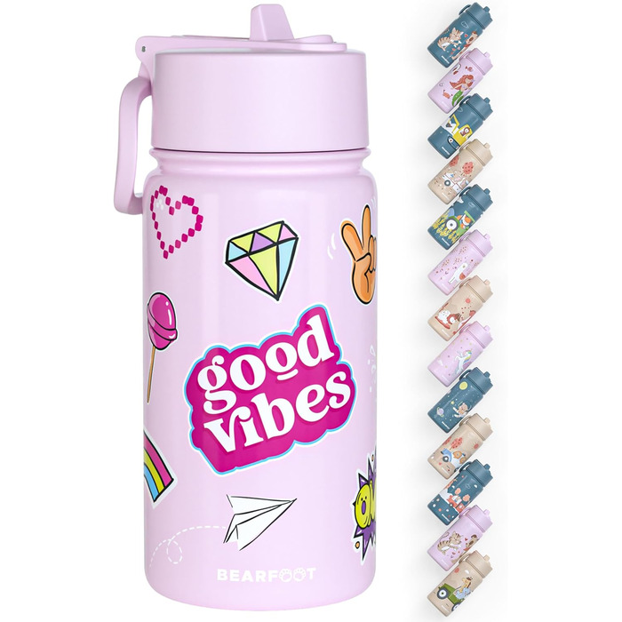 Дитяча термопляшка Bearfoot з нержавіючої сталі з трубочкою, 400 мл, без BPA, не протікає, для дівчаток та хлопчиків, ідеальна для школи та дитячого садка (фіолетовий колір, з наклейками)