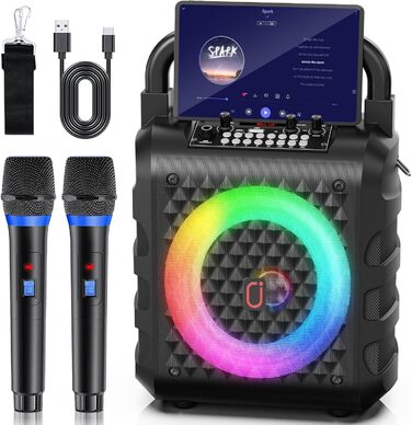 Караоке машина HWWR з 2 бездротовими мікрофонами, Bluetooth колонкою, PA-системою для дому та вечірок. Підтримка TF/USB, AUX, чорний колір