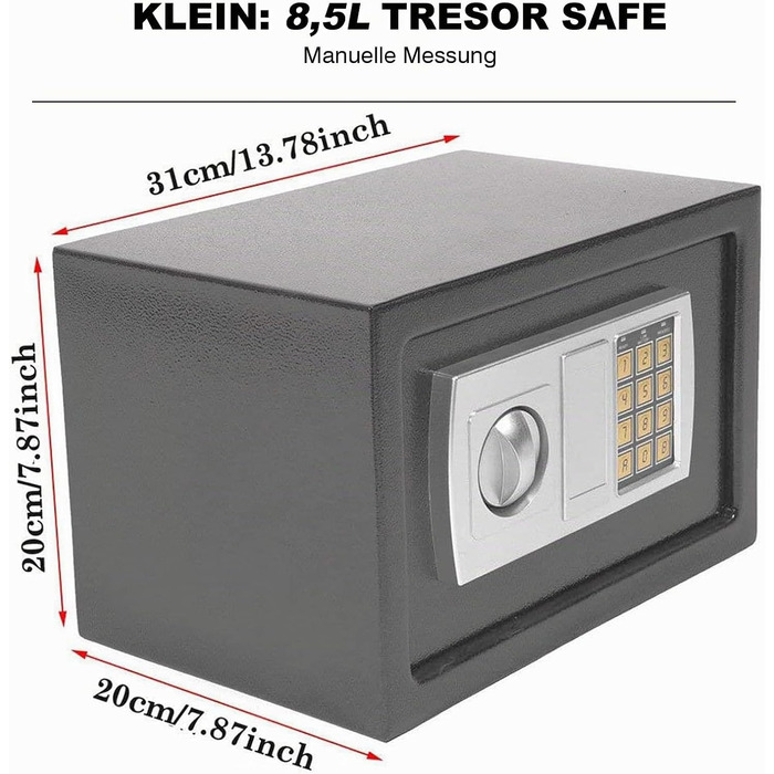 Електронний сейф Klein (31x20x20 см) вогнетривкий сталевий меблевий сейф з кодовим замком та 2 аварійними ключами, сірий
