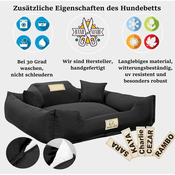 Крісло-ліжко для собак великих порід King Dog XL 115x95 см. Зі змінним іменем, знімний килимок, чорний колір.