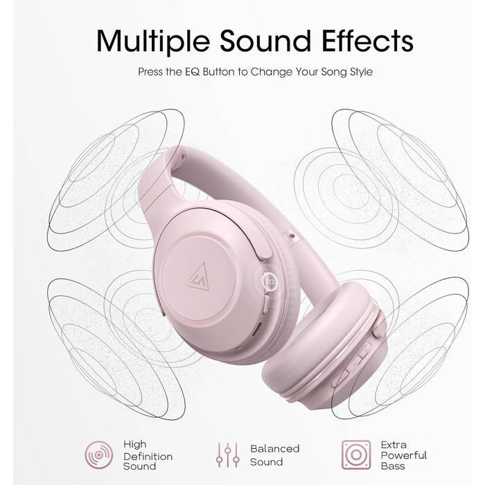DOQAUS Бездротові навушники Bluetooth, 70 годин роботи, Bluetooth 5.3, Over-Ear, 3 режими EQ, HiFi стерео, з мікрофоном, складні, з м'якими амбушурами, рожеві