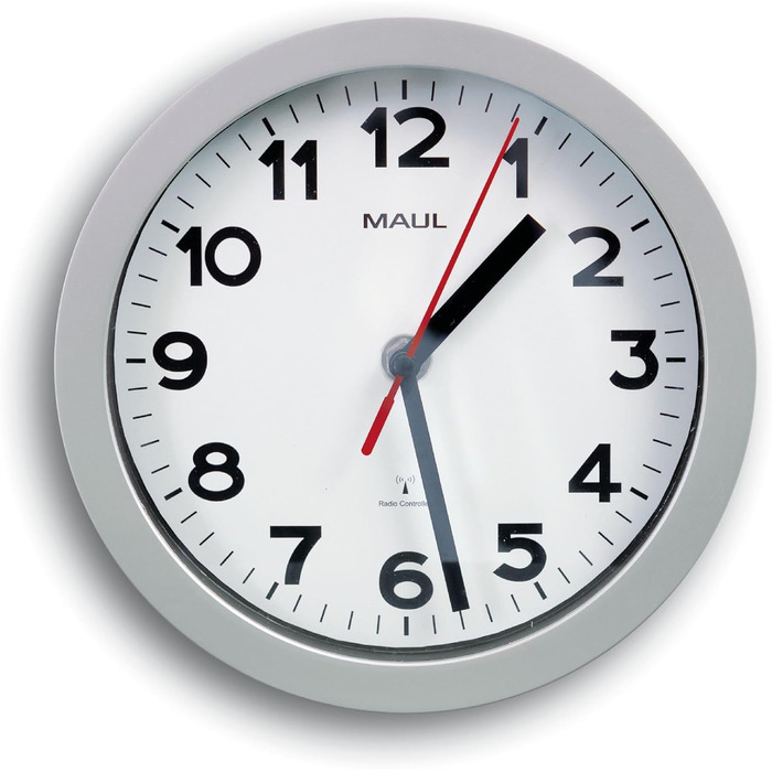 MAUL Wall Clock MAULstep Ø 40 cm | with automatic time setting | Modern clock for office and kitchen | Large wall clock with good readability in large rooms | (Radio clock, Ø 20 cm, Silver)