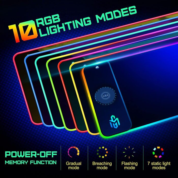 Ігровий килимок для миші RGB з бездротовою зарядкою Qi 15W, 800x350x4мм, 10 режимів підсвічування, швидка зарядка 10W для iPhone 13/13 Pro, водонепроникний та протиковзкий (Dark)