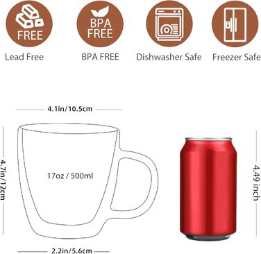 CNGLASS Double-Walled Macchiato Glasses 500ml/17oz, Large Insulated Coffee Cups Glass 2-Pack, Clear Coffee Glasses with Handles for Hot and Cold Drinks