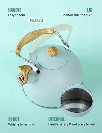 Чайник BELANKO з свистком, 2.5 л, нержавіюча сталь, з дерев'ястим декором, складна ручка, для чаю, кави, молока – блакитний