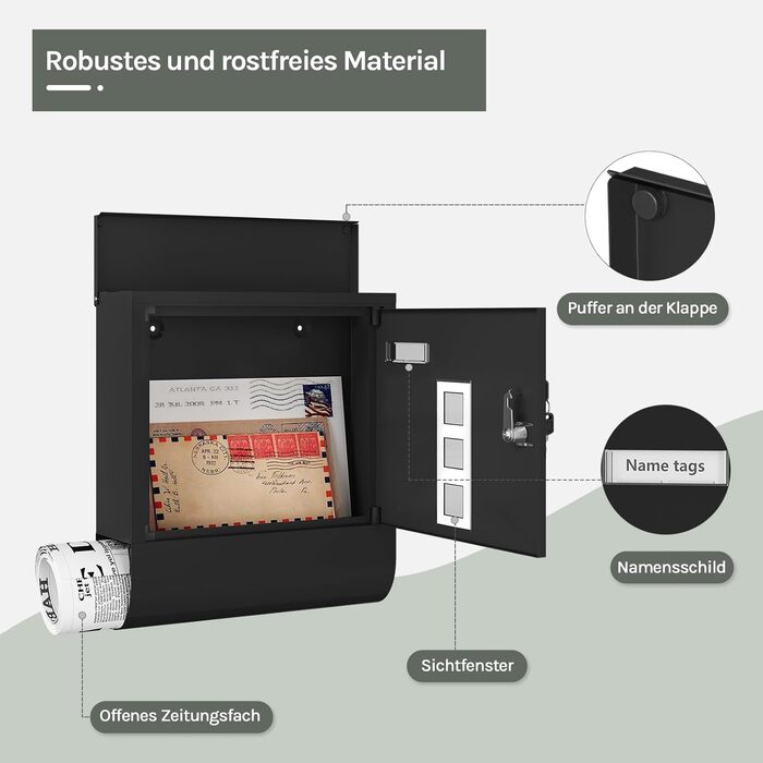 Поштовий ящик WOLTU з газетницею, оглядовим вікном та табличкою для імені, настінний, замиканий (2 ключі), сучасний дизайн, чорний (30,5x33,5x9 см)