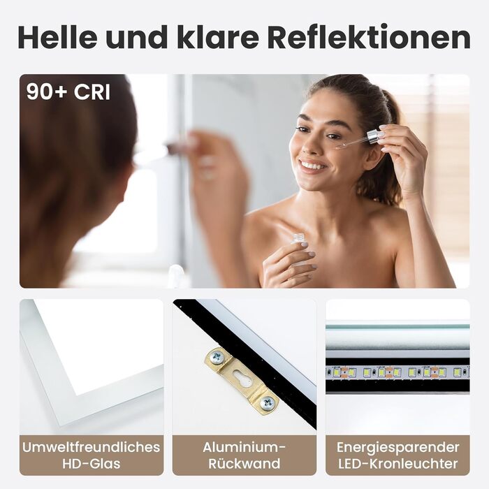 Дзеркало для ванної кімнати з підсвічуванням 70x50 см | LED дзеркало | IP54 вологостійке | Сенсорне управління | Настінне дзеркало | Горизонтальна/Вертикальна установка 6500K холодне біле світло