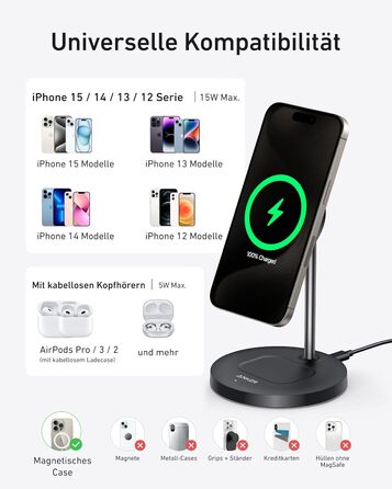 Anker MagGo 15W Magsafe Зарядний пристрій: 2-в-1 Індукційна станція, Qi2 Бездротовий заряд для iPhone 16/15/14/13/12, AirPods Pro, з USB-C кабелем 1.5м, чорний