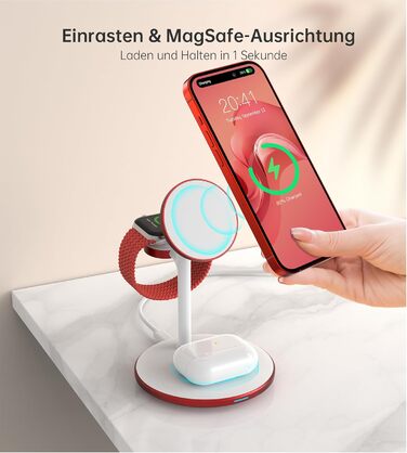 3-в-1 Бездротова Зарядка для Багатьох Пристроїв: iPhone, iWatch, AirPods, 15W, MagSafe, Колір: Маджента