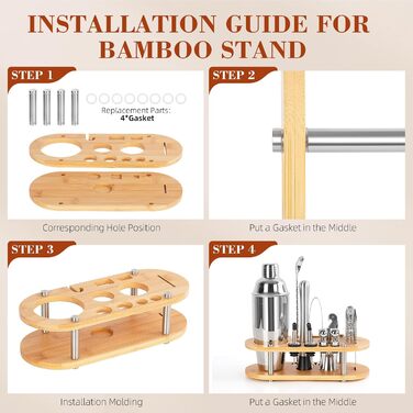 Набір для коктейлів FoiiLiio 12 шт. з шейкером 750 мл та аксесуарами для бару, нержавіюча сталь, з бамбуковим підставкою для дому, SHAKER-12P