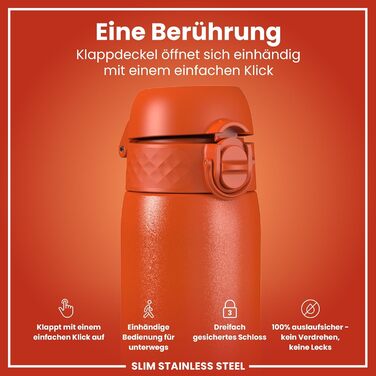 Ion8 Stainless Steel Water Bottle, 600 ml, Leak-Proof, One-Handed Opening, Secure Locking Mechanism, Dishwasher Safe, Flip-Top Lid, Carrying Handle, Easy to Clean, Durable & Scratch-Resistant (Stainless Steel, Orange)