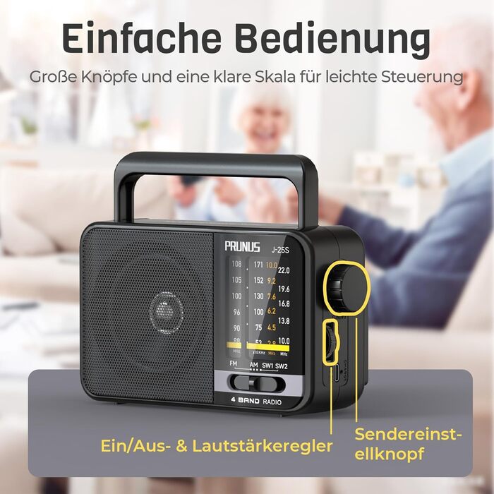 Радіоприймач PRUNUS J-25S FM/AM/SW: Портативне радіо на сонячній батареї з акумулятором 1800mAh, великий динамік, чудовий прийом, просте радіо для літніх людей