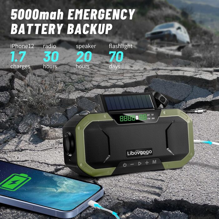 Радіоприймач аварійний водонепроникний з Bluetooth, ліхтарем, сонячною панеллю та зарядним пристроєм 5000mAh (зелений)