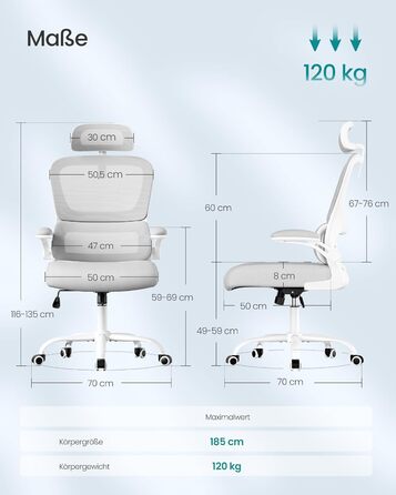 Офісний стіл SONGMICS, ергономічне крісло з сіткою, з адаптивною поперековою підтримкою та регульованою підголівником, для дому та офісу, сірий (OBN041G01)