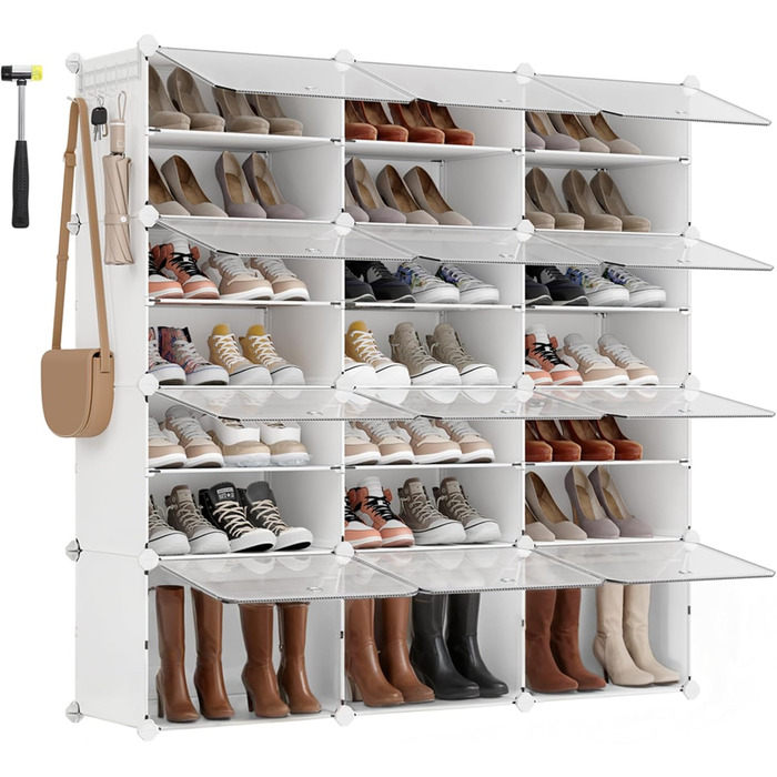 SONGMICS 10-Tier Shoe Rack, Shoe Cabinet, 30 x 40 x 30 cm per compartment, slim, with doors, steel frame, plastic, for hallway, bedroom, entrance area, LPC035B01 (12 compartments (124.4B x 124.6H cm), White)