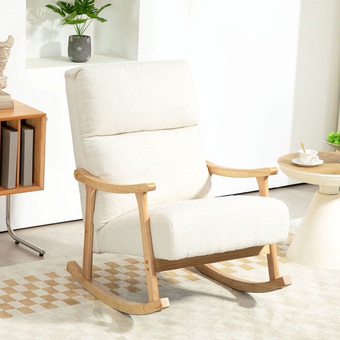 HOMCOM Rocking Chair, Ergonomic Swivel Chair, Armchair, Still Chair with Velvet-Look, Rocking Chair with a Load Capacity of 120 kg, for Bedroom, Living Room, Cream White | Aosom