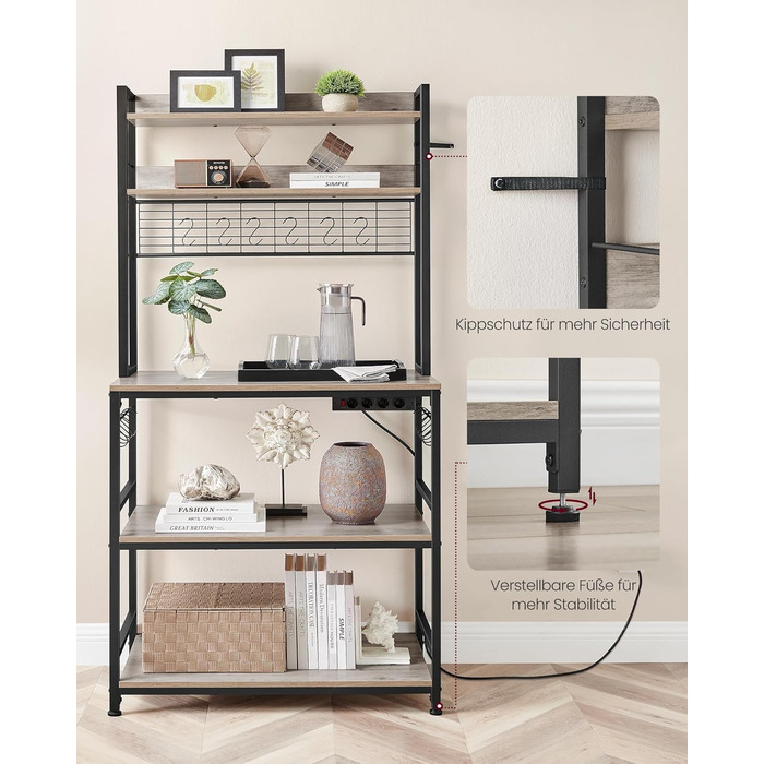 Стелаж кухонний VASAGLE з розетками, для мікрохвильової печі, з решіткою, 14 гачків, антрацит-чорний (40 x 80 x 170 см)